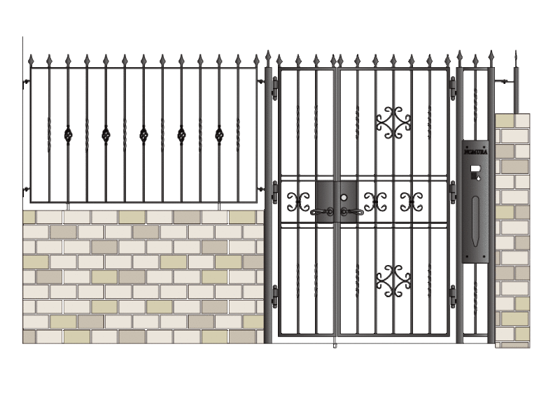 ロートアイアン門扉　フェンス付き　機能門柱付き　デザインNALM050のカラー画像です　電気錠対応可能です