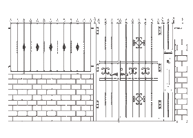 ロートアイアン門扉　フェンス付き　機能門柱付き　デザインNALM050の線画像です　電気錠対応可能です